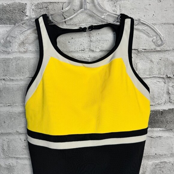Vintage Black Yellow Colour Block High Square Neckline One Piece Swimsuit - Picture 2 of 10